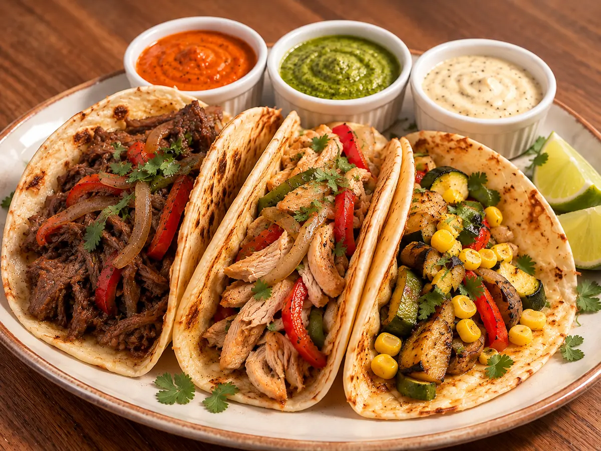 Tacos de osobuco, pollo y vegetales con salsa roja, verde y mayonesa de ajo